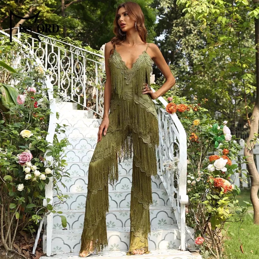 NEW! Olive Green Fringe Jumpsuit (Tassel)